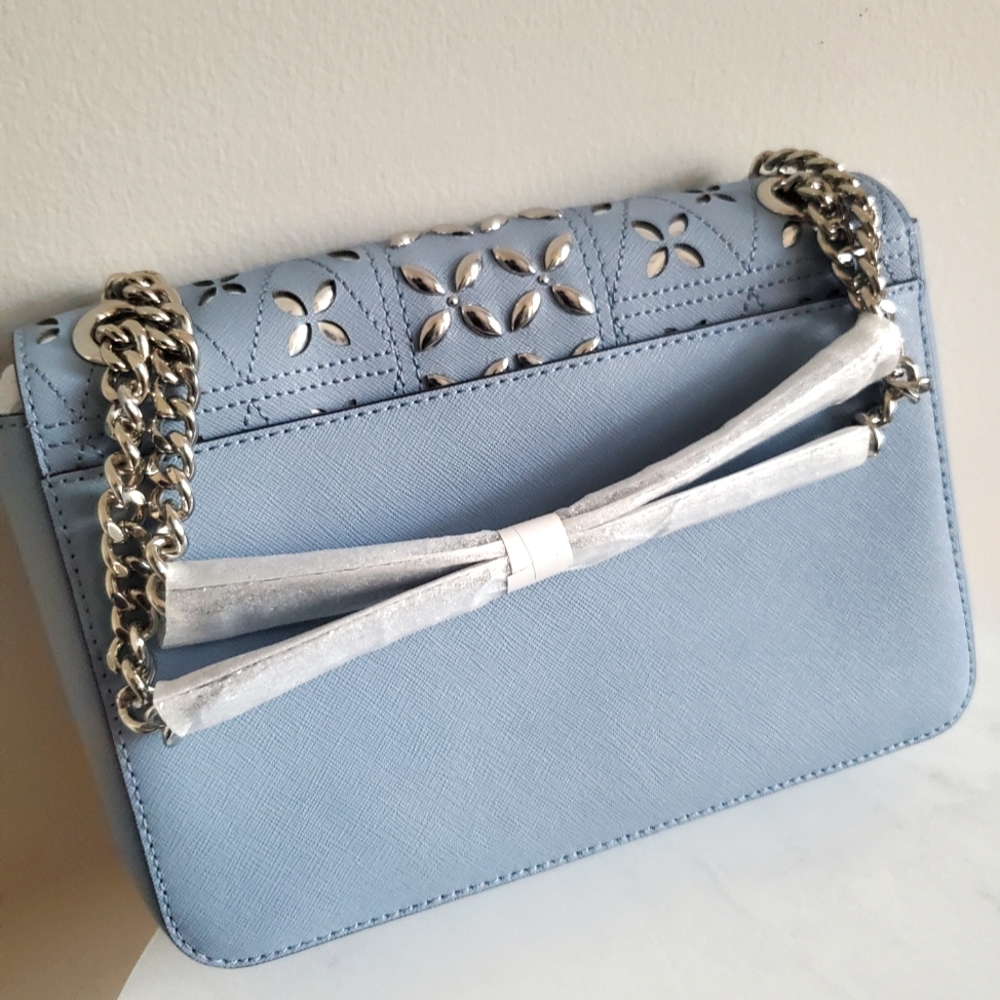 NEW • Michael Kors Tina Pale Blue💎 Chain Stud Perforated Floral Shoulder Bag - Picture 4 of 10